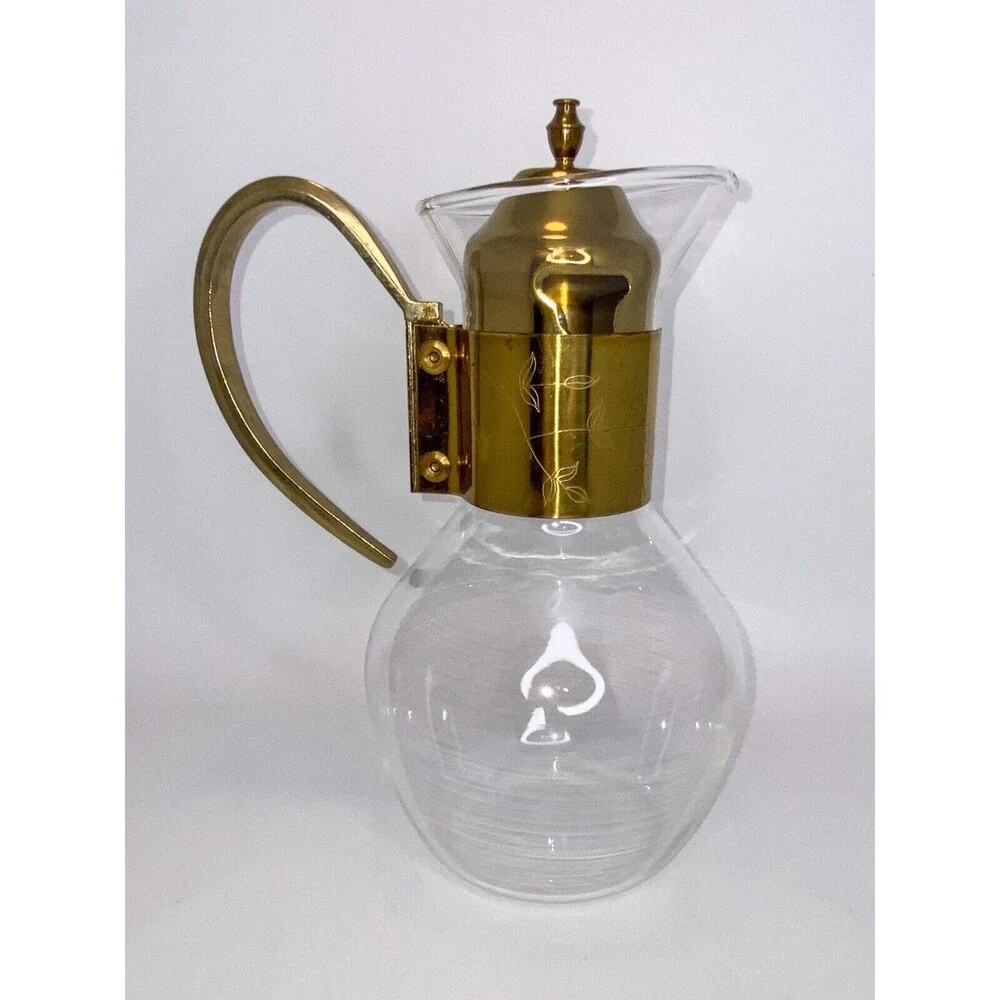 Vtg 70s Princess House Heritage Carafe Corning Glass Bronze Handle Tea Coffee